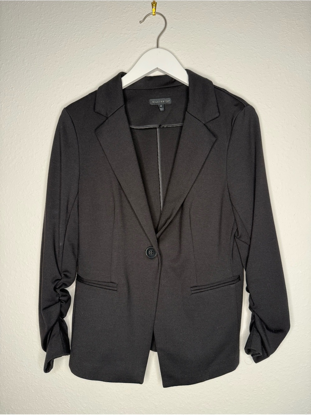 Willi Smith Black Single-Button Women's Blazer Jacket with Gathered Sleeves